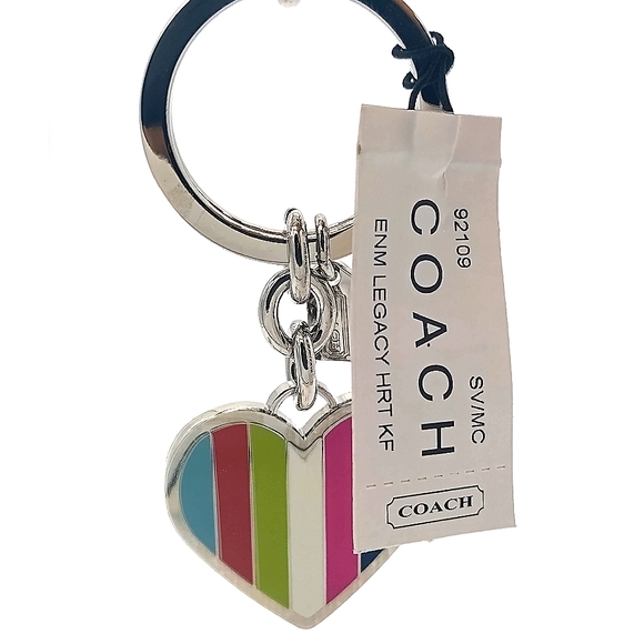 RARE NWT COACH Legacy Signature Rainbow Stripe Fob Keychain Purse Charm #92109 - Picture 3 of 6